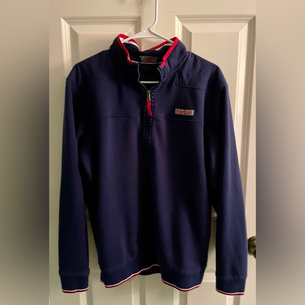 Vineyard Vines Shep Shirt Blue, White and Red Contrasting Trim Quarter Zip Men S